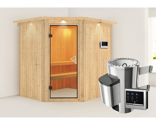 Plug & Play Sauna Karibu Achat VII inkl. 3,6 kW Ofen u.ext.Steuerung mit Dachkranz und bronzierter Ganzglastüre