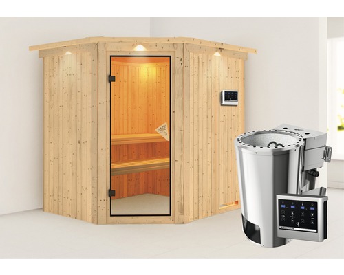 Plug & Play Sauna Karibu Achat VII inkl. 3,6 kW Bio Ofen u.ext.Steuerung mit Dachkranz und bronzierter Ganzglastüre