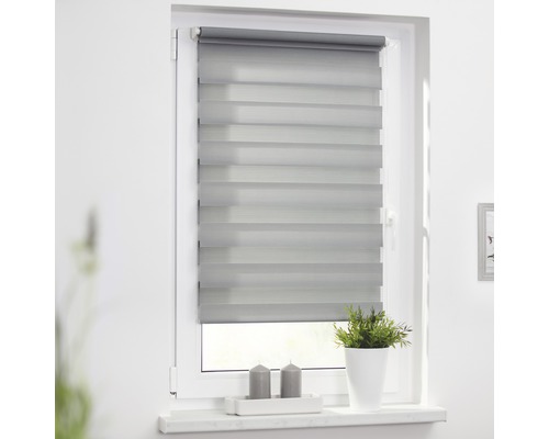 Graues Doppelrollo am Fenster zur Lichtregulierung und zum Sichtschutz