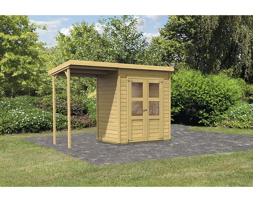Gartenhaus Karibu Klosterburg inkl. Unterkonstruktion Schleppdach 320 x 126 cm Holzgartenhaus mit Vordach für Gartengeräte und Werkzeuge