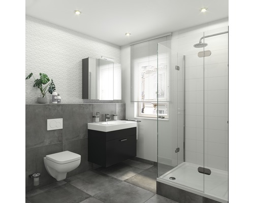 Modernes Badezimmer mit Dusche, Waschbeckenunterschrank, Spiegelschrank und WC.