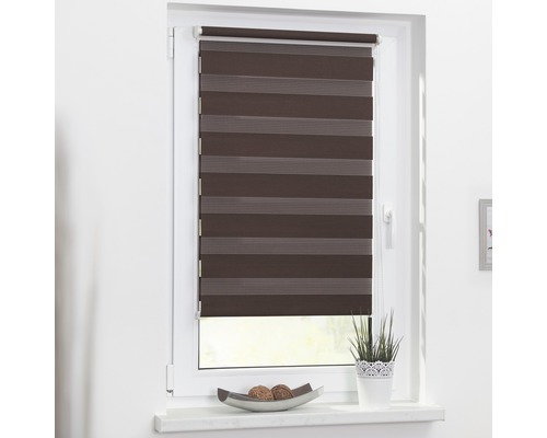 Fenster mit braunem Doppelrollo für Sicht- und Sonnenschutz