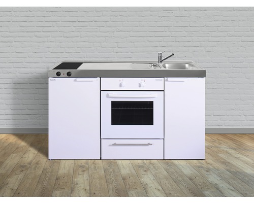 Miniküche Stengel Kitchenline MKB150 150x60 cm Becken rechts weiß glänzend mit Glaskeramikkochfeld