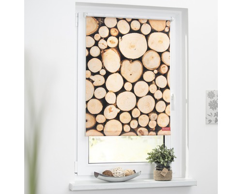 Klemmrollo Lichtblick ohne Bohren Holzstapel braun 80x150 cm inkl. Klemmträger Fenster mit einem Rollo mit Holzstapel-Motiv