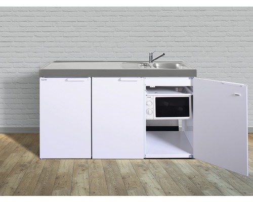 Miniküche Stengel Kitchenline MKM150 150x60 cm Becken rechts weiß glänzend Kompaktküche mit Spüle, Kühlschrank und Mikrowelle