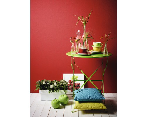 Dekorative Szene mit einem grünen Gartentisch, Geschirr, Pflanzen, Dekoration und Kissen vor einer roten Wand.