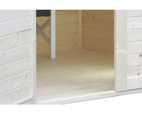 Holzgartenhaus Innenraumansicht mit Holzboden und Holzwänden