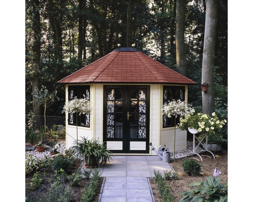 Gartenhaus mit Ziegeldach und Doppeltür im Garten