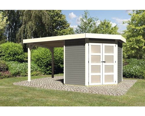 Gartenhaus Karibu Grünwald 3 inkl. Anbaudach 2,2 m 433x217 cm terragrau