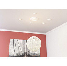 Innenraum mit Deckenrosette, Zierleiste und dekorativer Hängelampe