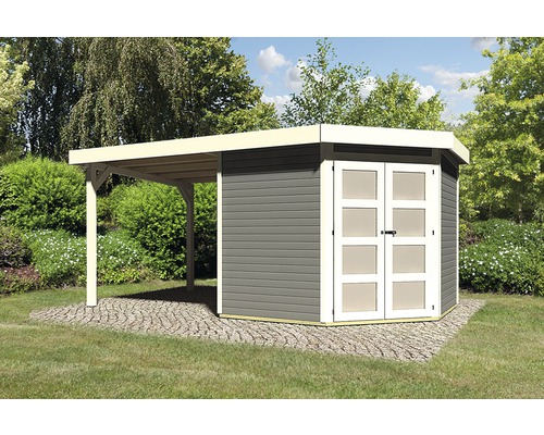 Gartenhaus Karibu Grünwald 5 mit Schleppdach 2,2 m 492,5 x 262 cm terragrau Gartenhaus mit Vordach auf gepflastertem Untergrund