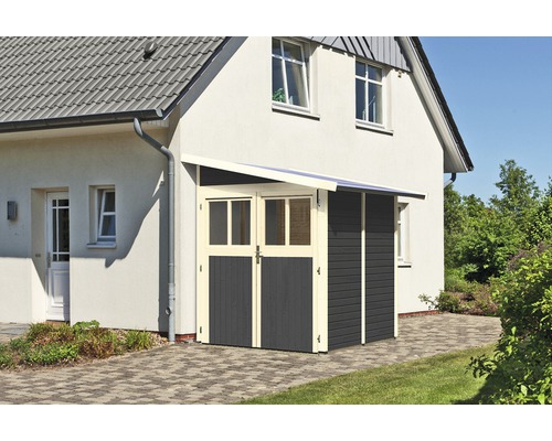 Gartenhaus Karibu Bernau inkl. Unterkonstruktion 181 x 181 cm terragrau Geräteschuppen aus Holz mit Doppeltür und Vordach an Hauswand
