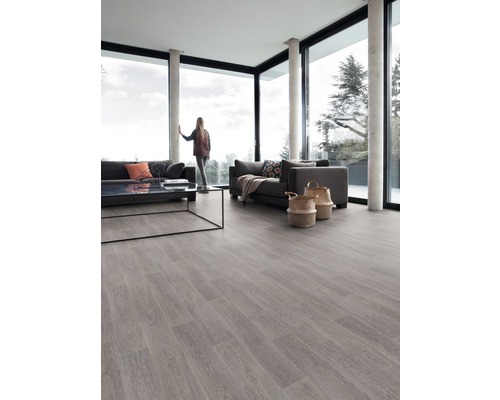 Heller Wohnraum mit Laminatboden, Sofas und großen Fenstern