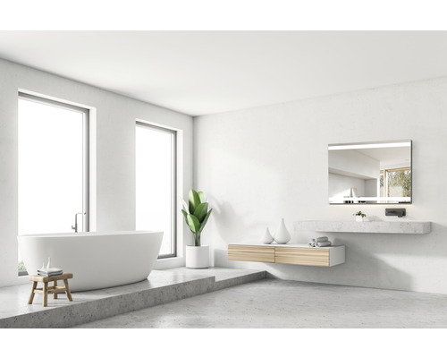 Badezimmer mit freistehender Badewanne, Waschtisch, Spiegel und Zimmerpflanze.