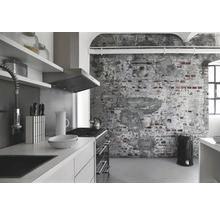 Helle Küche mit Küchenzeile, Dunstabzugshaube, Herd, Küchenutensilien und Mülleimer vor einer Backsteinwand.