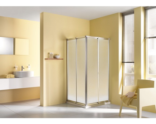 Eckeinstieg mit Schiebetür Breuer Fara 800-900x1850 mm Kunstglas Perle silber Badezimmer mit Duschkabine, Waschbecken und Fenster