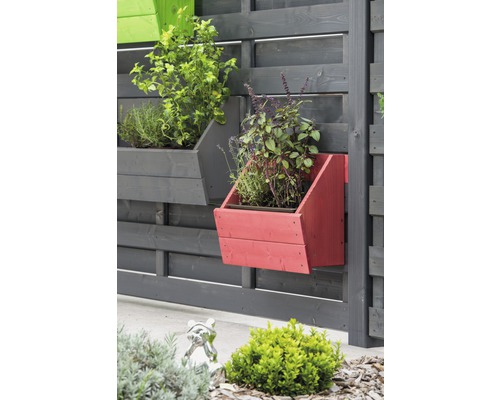 Garten mit Holzwand und bepflanzten Wandblumenkästen