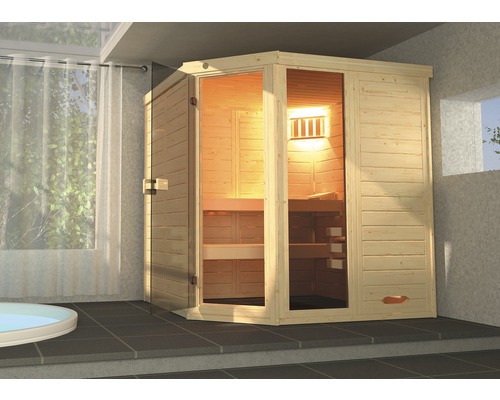 Massivholzsauna Weka Laukkala Gr.2 inkl. 7,5 kW Bio Ofen u.digitaler Steuerung mit Fenster und Ganzglastüre aus Klarglas
