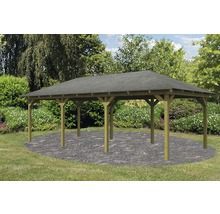 Holzpavillon im Garten mit Steinfläche