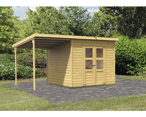 Holzgartenhaus mit Anbau auf gepflasterter Fläche