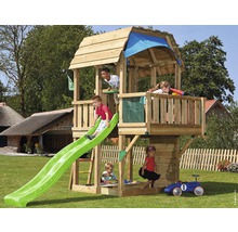 Spielturm Jungle Gym Barn Holz mit Kletterwand, Balkon, Sandkasten und Rutsche in der Farbe hellgrün, 439x208x322 cm