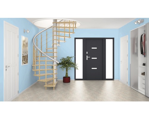 Eingangsbereich mit Wendeltreppe, Haustür, Innentüren und Garderobenschrank