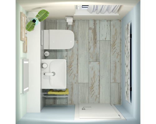 Draufsicht eines Badezimmers mit Toilette, Waschbecken, Spiegel, Holzfußboden und Dusche