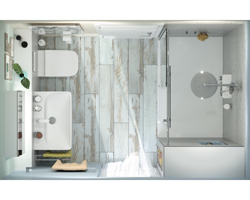 Badezimmer mit Toilette, Waschbecken und Dusche mit Holzboden