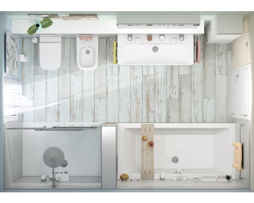 Draufsicht eines Badezimmers mit Toilette, Bidet, Waschbecken, Dusche und Badewanne