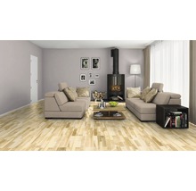 Wohnzimmer mit Holzboden, Kamin und Sofas.