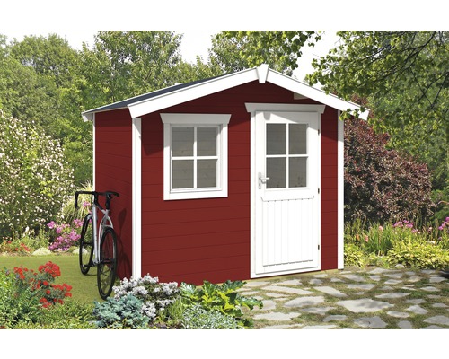 Gartenhaus aus Holz mit Fenster und Tür im Garten