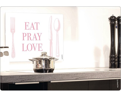 Kochtopf auf Herd mit Küchenrückwand ''Eat Pray Love''