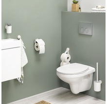 Badezimmer mit Toilette, Spülkasten, Toilettenpapierhalter, Handtuch und Seifenspender