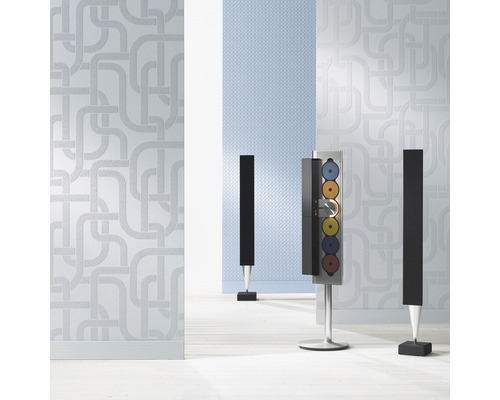 Vliestapete 9333 Patent Decor 3 D grafisch - Die Patenten Vier Raumansicht mit Vinyltapete mit Rohrmuster und Soundsystem