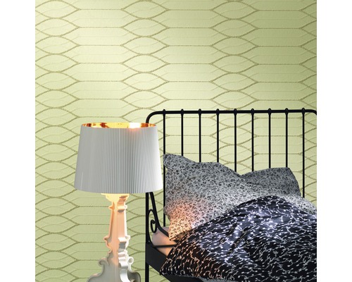 Vliestapete 9430 Patent Decor 3 D Streifen - Die Patenten Vier Schlafzimmer mit Bett, Lampe und gemusterter Tapete
