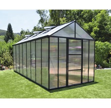 Gewächshaus mit Tür und Dachfenstern im Garten.