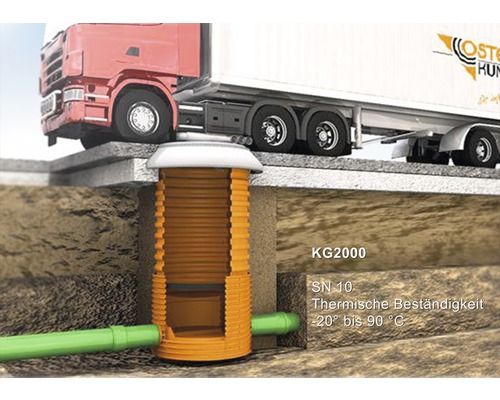 Querschnittsdarstellung eines KG 2000 Revisionsschachtsystems unter einer Betonplatte mit einem Lastwagen darauf. Informationen zur thermischen Beständigkeit von -20 Grad bis 90 Grad.