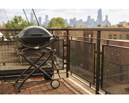 Weber Elektrogrill auf einem Balkon mit Stadtansicht