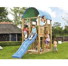 Spielturm Jungle Gym Farm Holz mit Sandkasten, Kletterwand und Rutsche in der Farbe blau, 349x146x314 cm
