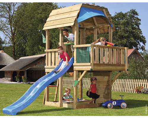 Spielturm Jungle Gym Barn Holz mit Kletterwand, Balkon, Sandkasten und Rutsche in der Farbe blau, 439x208x322 cm