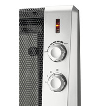 Nahaufnahme eines Heizgeräts mit Bedienknöpfen zur Temperatur- und Leistungsstufeneinstellung.