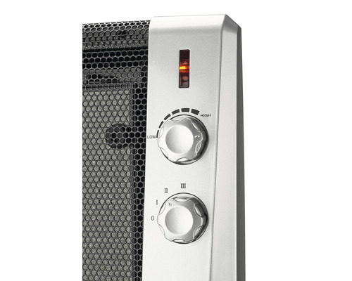 Nahaufnahme eines Heizgeräts mit Bedienknöpfen zur Temperatur- und Leistungsstufeneinstellung.