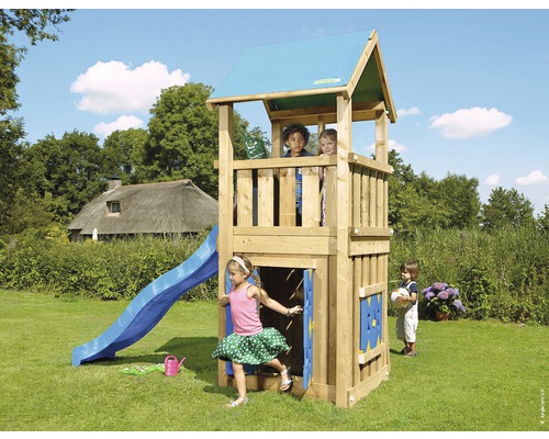 Spielturm Jungle Gym Castle Holz mit Spielhaus und Rutsche in der Farbe blau, 290x146x291 cm