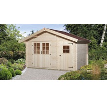 Gartenhaus aus Holz mit braunem Dach im Garten