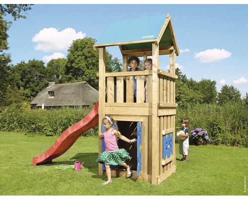 Spielturm Jungle Gym Castle Holz mit Spielhaus und Rutsche in der Farbe rot, 290x146x291 cm