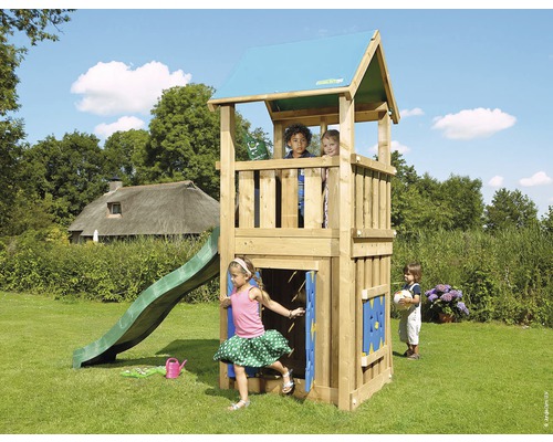 Spielturm Jungle Gym Castle Holz mit Spielhaus und Rutsche in der Farbe dunkelgrün, 290x146x291 cm