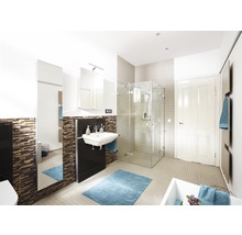 Badezimmer mit Dusche, Waschbecken, Spiegelschrank und blauer Badematte