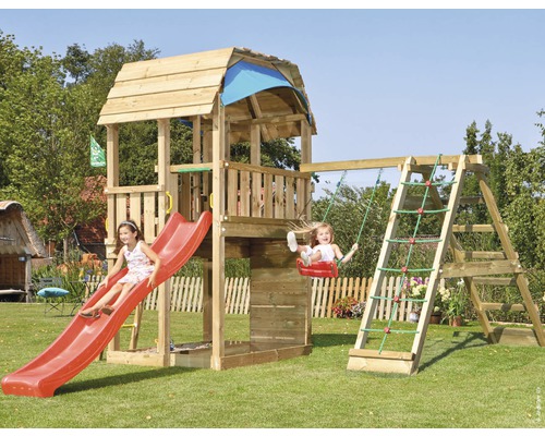 Spielturm Jungle Gym Barn Holz mit Einzelschaukel, Kletterwand, Sandkasten und Rutsche in der Farbe rot, 497x423x322 cm