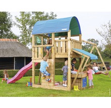 Spielturm Jungle Gym Farm Holz mit Einzelschaukel, Sandkasten, Kaufmannsladen, Kletterwand und Rutsche in der Farbe fuchsia, 349x218x314 cm
