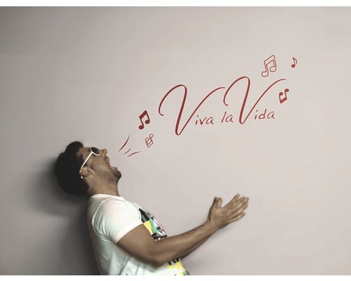 Mann singt vor einer Wand mit dem Schriftzug Viva la Vida und Noten, Wandtattoo